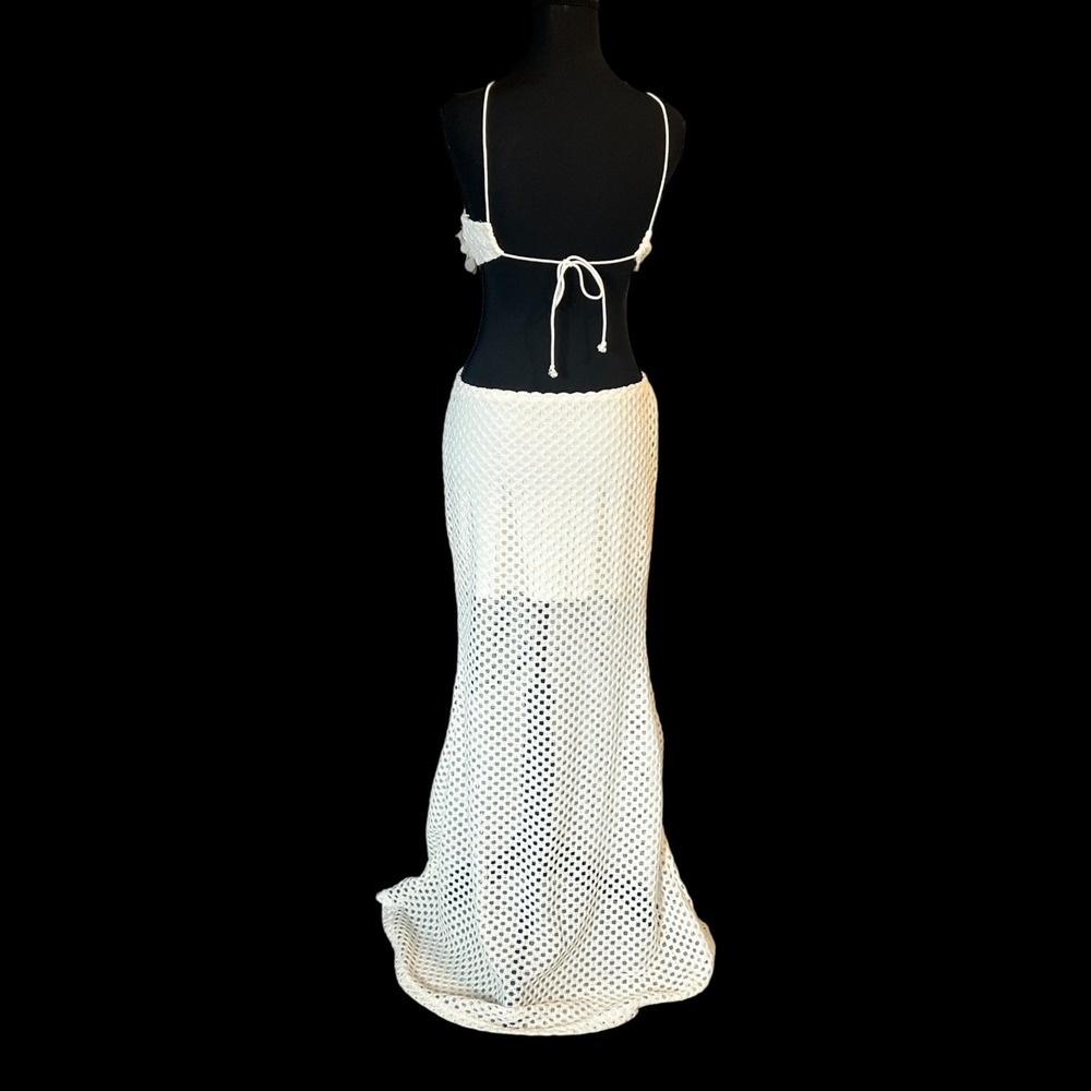 Ivory Crochet Mermaid Maxi Dress Cutout Open Knit‎ Boho Beach Resort Small - Picture 8 of 16